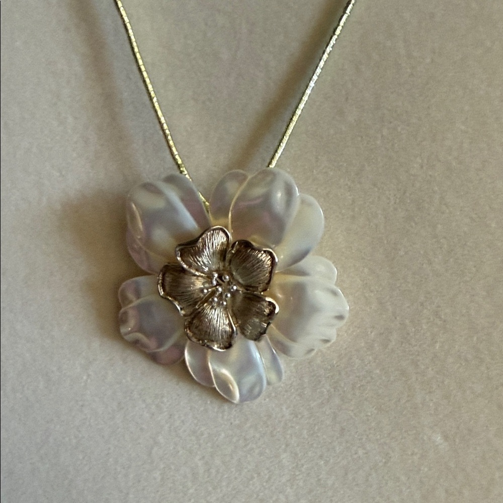 Elegant Mother of Pearl/sterling Silver Floral Pendant/Brooch Necklace